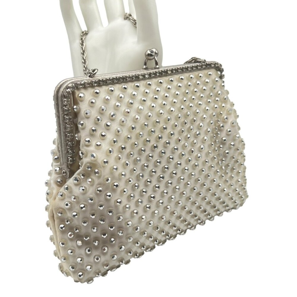 West Germany White Satin Rhinestone Beaded Purse With Change Purse Kiss Lock VTG